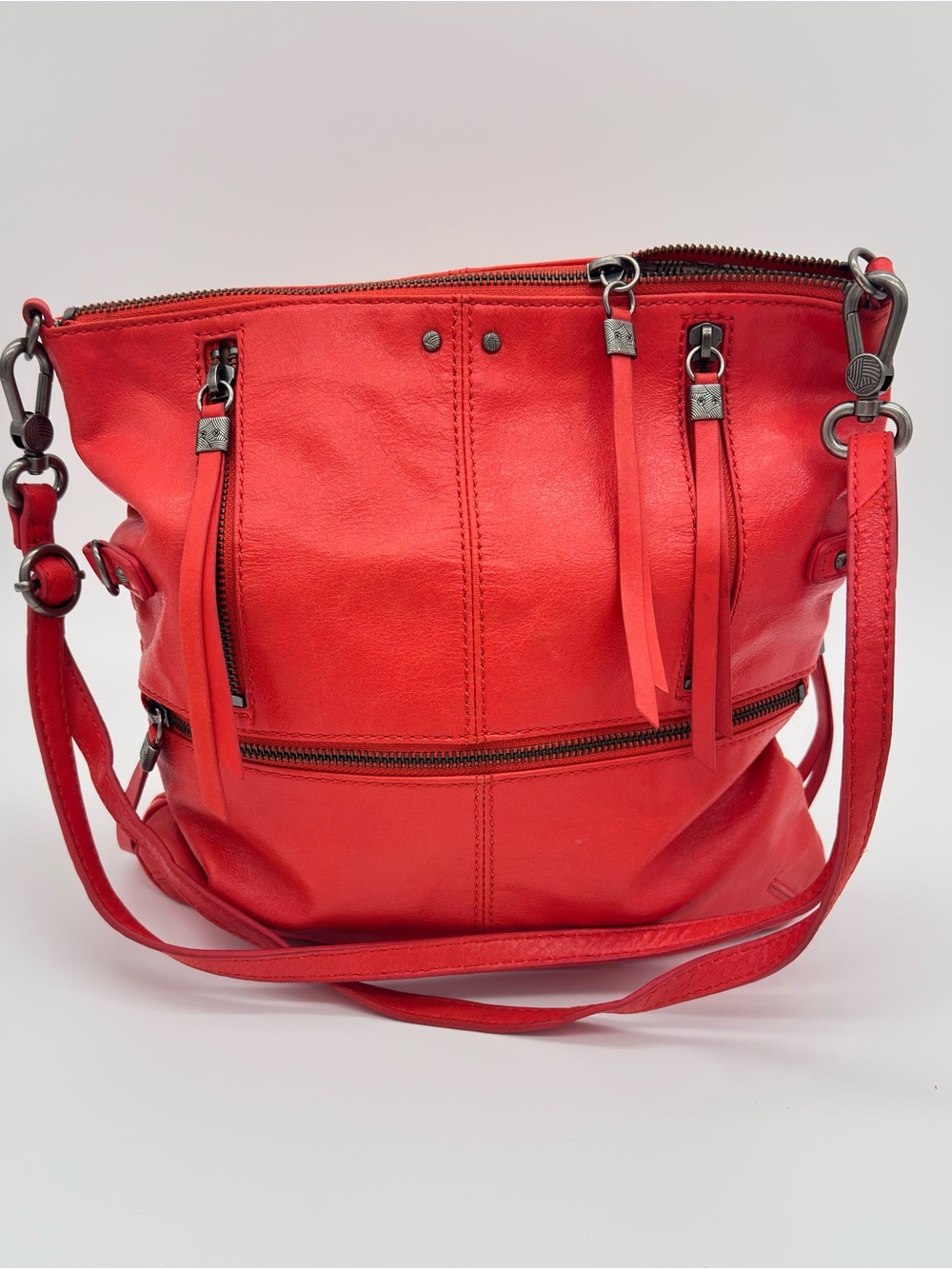 The Sak Orange Leather Crossbody Shoulder Bag Multi Zip